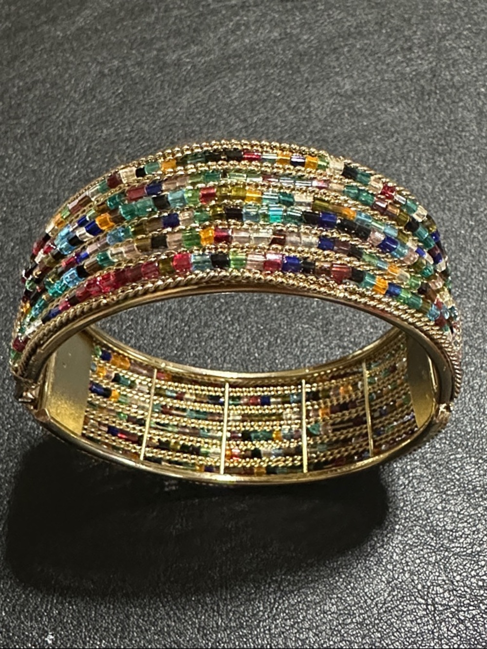 Gold Tone Multicolor Barrel Beaded Clamper Bangle Bracelet